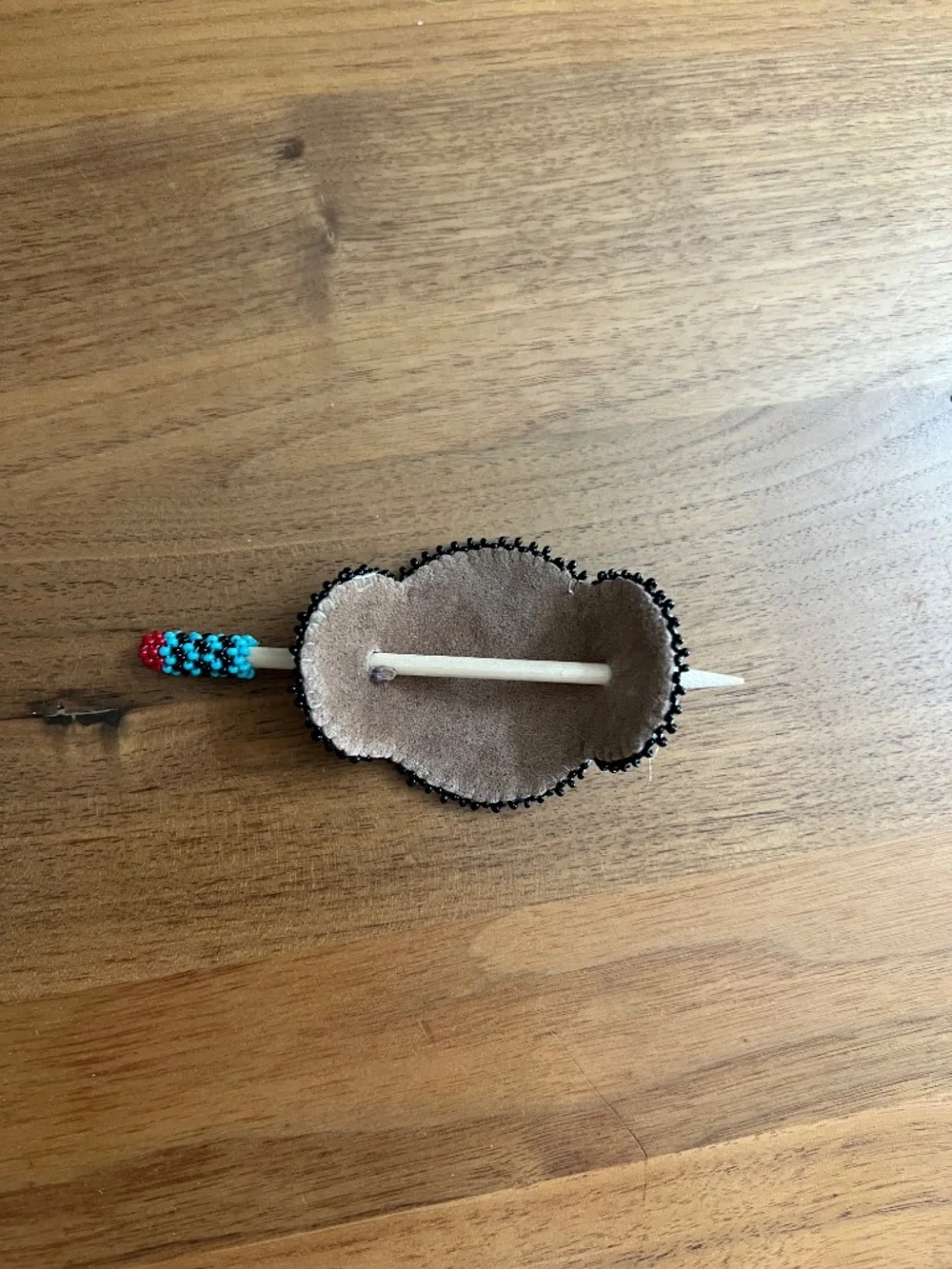 Handmade Turquoise & Black Beaded Leather Hair Barrette with Wooden Stick